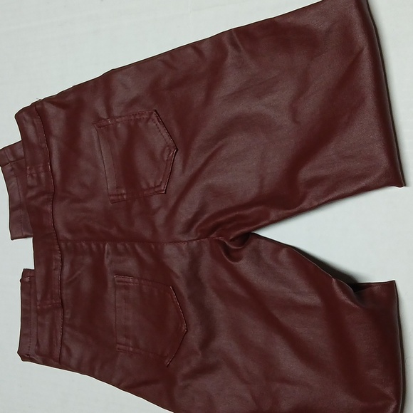 Faux Leather Button-Fly Jeans Pants w/ Pockets Brownish-Red Maroon Burgundy - Picture 7 of 12